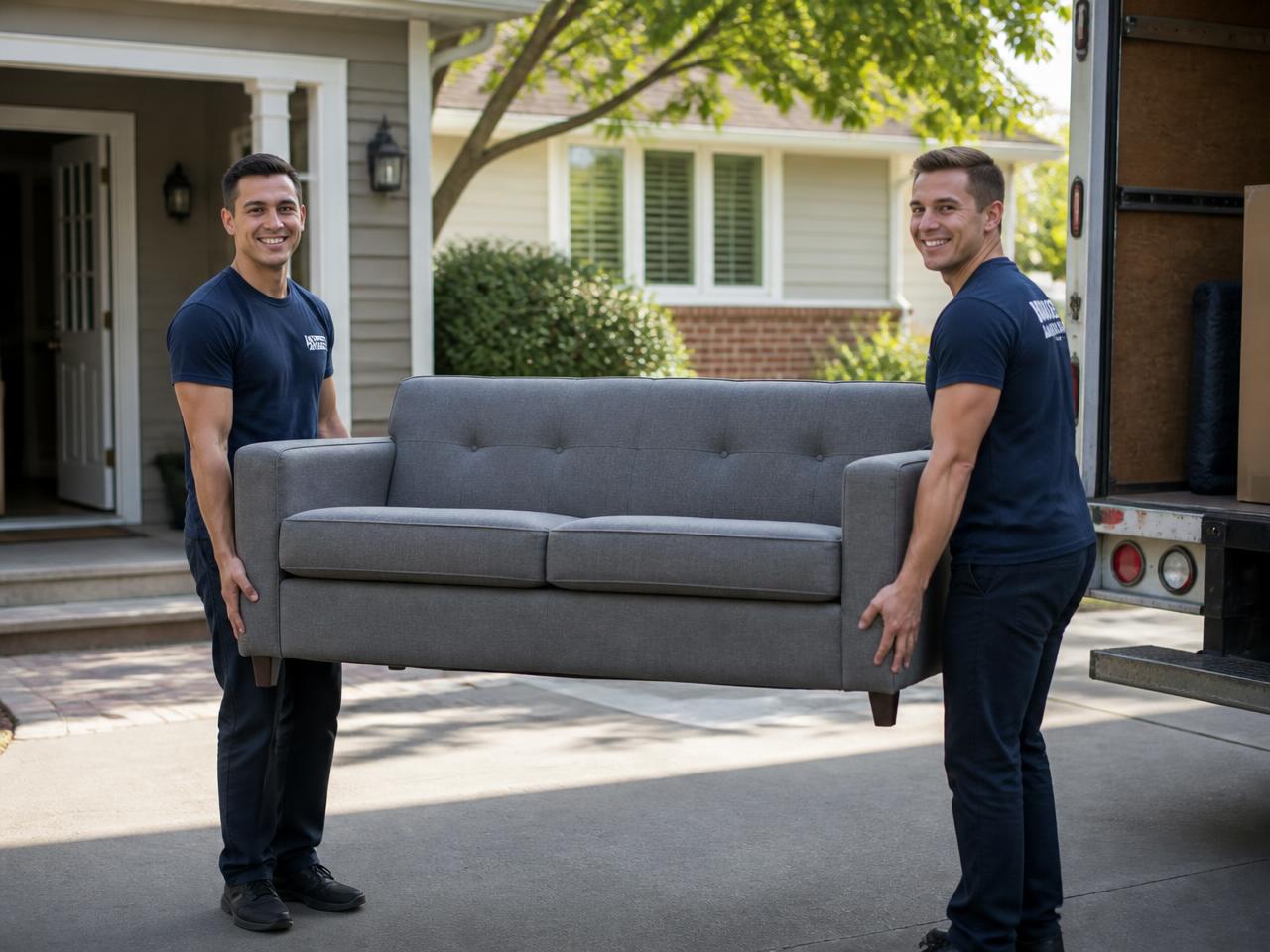 MC-Clean crew carrying a grey sofa out of a Calgary home